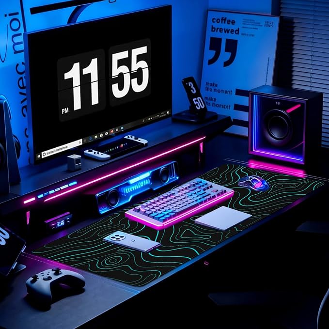 Gaming Desk Mat with Silky Smooth Surface & Exquisite Patterns,31.5x11.8 Inches Large-Sized Mouse Pad, Perfect for Extended Gaming,Work,and Home Office Decor (Blue Topographic Lines) - Image 3