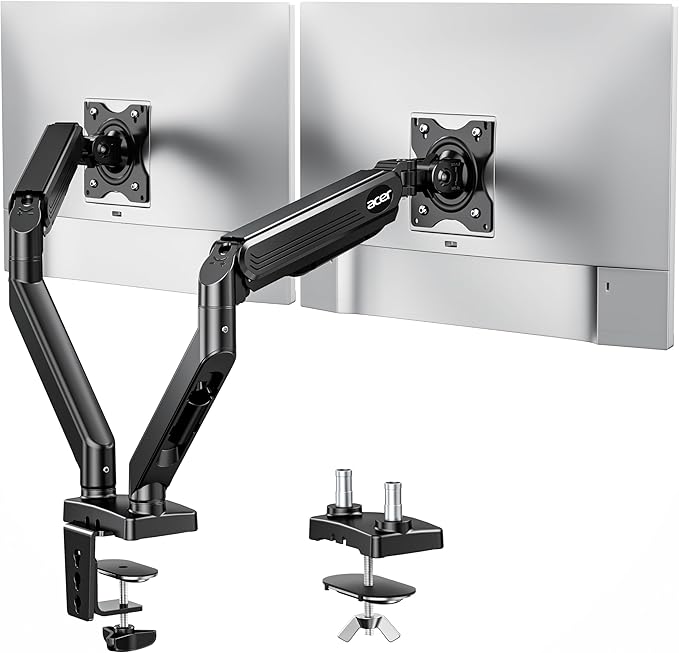 Acer Dual Monitor Arm, Gas Spring VESA Mount Stand for 17-32" Screens | Computer Desk Arm Fully Adjustable VESA 75x75/100x100 with C-Clamp & Grommet Mounting Base, Each Arm Holds 4.4 to 19.8 lbs by Unknown