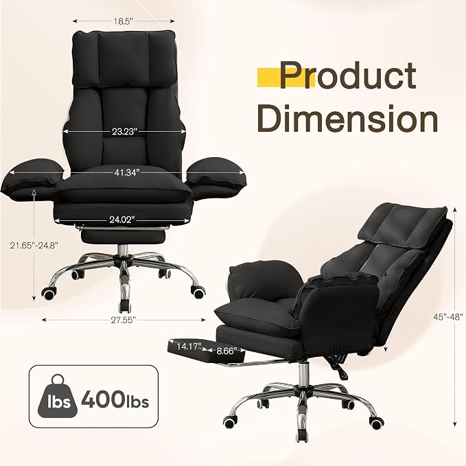 JOMEED Cloud Cross Legged Office Chair with Footrest and Flip Armrest,Black | Ergonomic Leather Big and Tall Executive Chair with Wheels,155° Reclining Computer Wide Desk Chair for Home,Office - Image 3