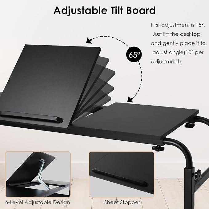 Arlopu Overbed Table with Wheels,60.6-84.2 inches Mobile Bed Desk, Black - Image 4