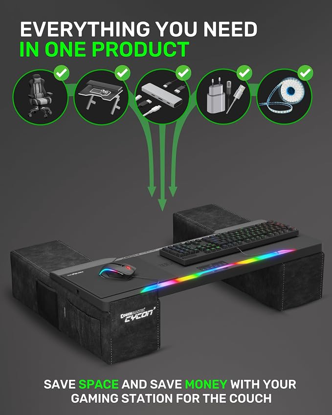 Couchmaster CYCON³ HORIZONLIGHT Bar, Ultimate Ergonomic USB-Hub Gaming Lap Desk for Couch and Bed, Large, Stable and Compatible with All Keyboards and Mouse/Mice, Laptops, PCs, PS4/5, Xbox - Image 3