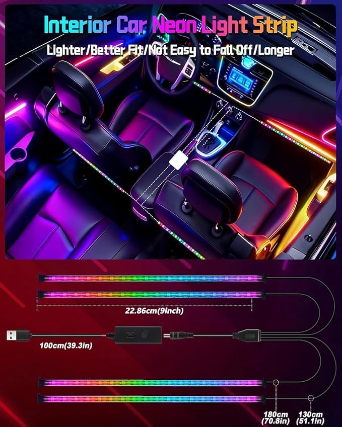72 LED USB Interior Strip Lights, RGB-IC 4-Line Car Ambient Lighting Kit - Image 7