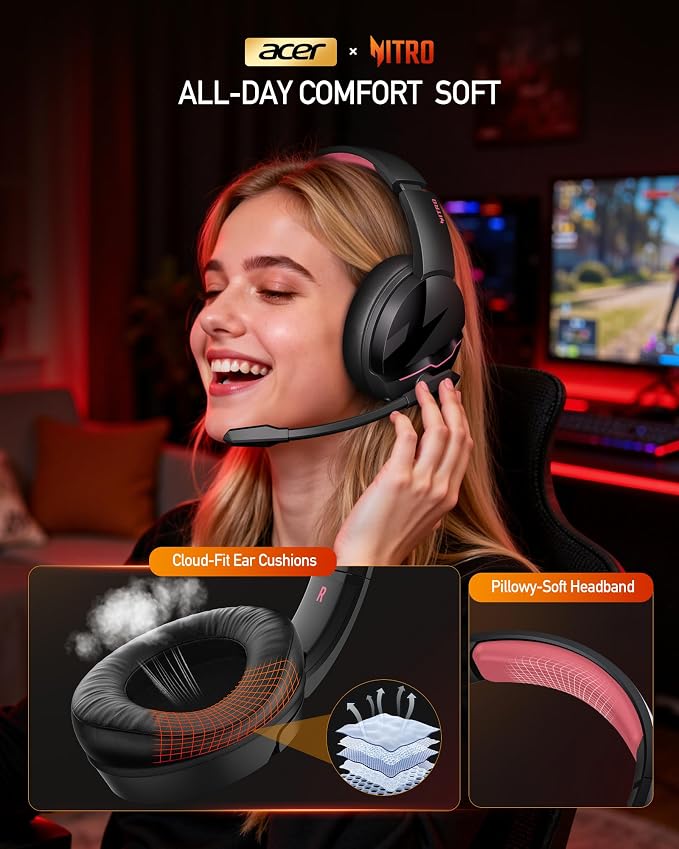 Acer Wireless Gaming Headset, PS5 Headset with 2.4GHz for Ps5, Ps4, PC, Switch, Bluetooth 5.3 + 100Hrs Gaming Headphones with Noise Canceling Mic for Laptop, Mobile, Mac, 50mm Drivers (Blackpink) - Image 6