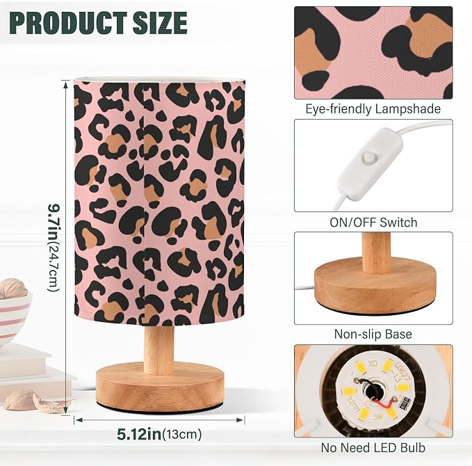 Bedside Table Lamp Pink Leopard Nightstand Lamp with Wood Animal Cheetah Print Desk Lamps for Bedroom Living Room Nursery Office Home Decor - Image 3