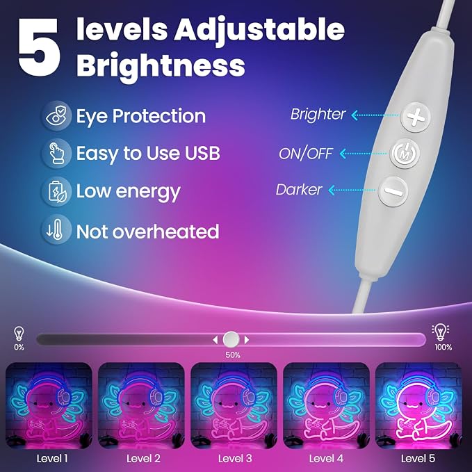 Cute Axolotl Gaming Neon Sign with Headset & Controller,LED Neon Wall Light for Gamer Room Decor,USB Powered Dimmable Neon Light for Bedroom,Teens Room,Game Setup - Image 4