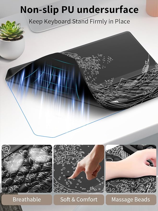 3-in-1 Ergonomic Keyboard Stand with Wrist Rest & Mouse Pad Set, Black Wave | Comfy Keyboard Riser Holder Soft Mousepad with Massage Design, Memory Foam and Non-Slip PU Base for Pain Relief - Image 6