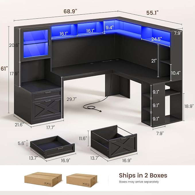 SEDETA Farmhouse L Shaped Computer Desk with Double Hutch, Storage Drawers - Image 2