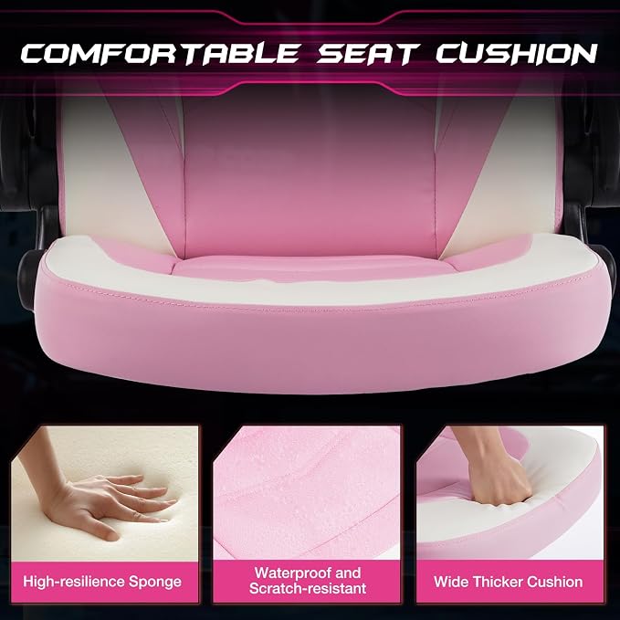 Sweetcrispy Computer Desk Chair, Lumbar Support Video Game Chair PU Leather | Ergonomic Comfy, PU Leather, Flip-up Armrest, Height Adjustable, 360 Swivel, White Pink - Image 5