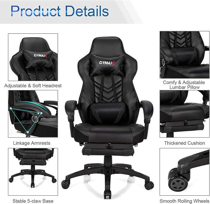 GYMAX Gaming Chair, Ergonomic Computer Chair with Footrest, Linkage Armrests & Lumbar Cushion, Big Wide High Back Video Gaming Chair, Reclining Office Rolling Chair for Adult/Teens (Black) - Image 4