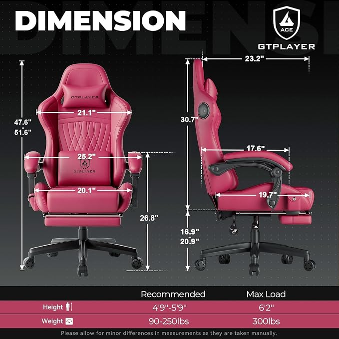 GTPLAYER ACE-PRO Music Gaming Chairs – Built-in Speakers, App Support & Bluetooth Control, Footrest & Pocket, Gamer Chair for Adults, Wine Red - Image 3