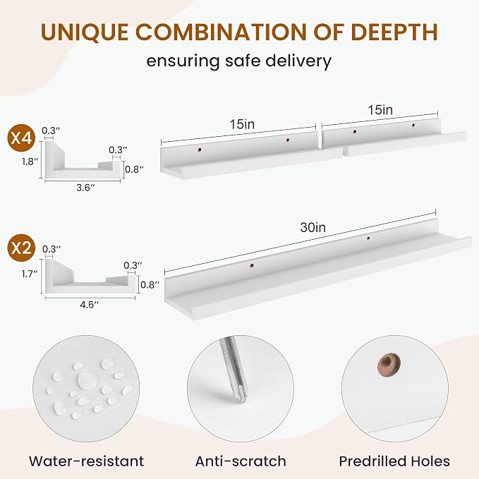 Picture Ledge Shelf, Floating Shelves for Wall Decor, White, Set of 6, 30'' - Image 3