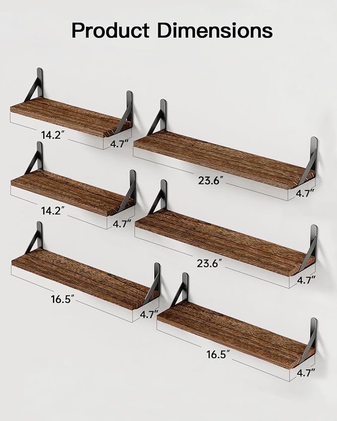 Amada Solid Paulownia Wood Wall Shelves, Large Size, 6 Pcs, Brown - Image 3