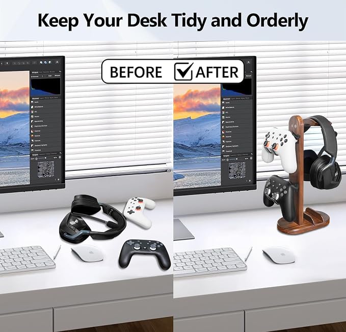 Controller Holder with Headphone Stand - Wood Gaming Controller Stand for Xbox PS5 PS4 Switch Pro, PC Gaming Accessories - Present Idea for Husband, Boyfriend, Gamers, Game Lover, Game Room Decor - Image 4