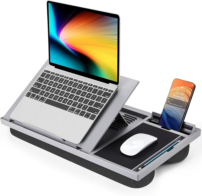 LORYERGO Adjustable Laptop Desk with Cushion, Mouse Pad & Cellphone Slot - Laptop Stand for Bed & Couch, Riser for Home & Office (Grey) by LORYERGO