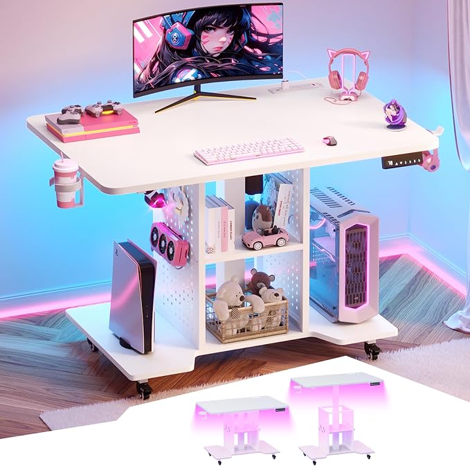 SEDETA Small Standing Gaming Desk, 31.5" Rolling Computer PC Desk Electric Height Adjustable with Power Outlet, Pegboard & Storage Shelves, RGB LED Light, for Small Spaces/Bedroom/Gaming, White by SEDETA