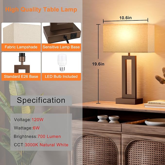 Seealle Bedroom Lamps for Night Stands - Touch Control, 3 Way Dimmable, USB C+A Charging, LED Bulbs, Easy Assembly(Yellow&Brown) - Image 6