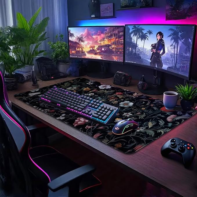 Dark Floral Pattern Large Gaming Mouse Pad Desk Mat 31.5"x15.7" | Extended Mousepad, Non-Slip Rubber Base , Stitched Edges, for Computer/Laptop/Office/Home - Image 2