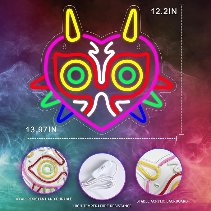 Majora's Mask Neon Sign, Zelda Gaming Neon Sign for Game Room Decor, Zelda Mask for Boys Room Decor & Gaming Wall Deocr, USB Powered Gamer Gifts for Boys, Teens and Zelda Fans - Image 2