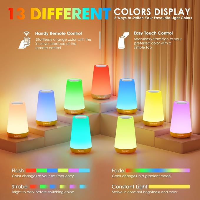 Auxmir Rechargeable Night Light, 13-Color Remote Control Lamp, Light Brown - Image 2