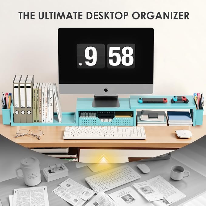 Desk Organizers and Accessories, Dual Monitor Stand Riser with Drawer and 2 Pen Holders, Desk Shelf Computer Racks for Office Workspace Organizers, Desktop Organization (Blue) - Image 6