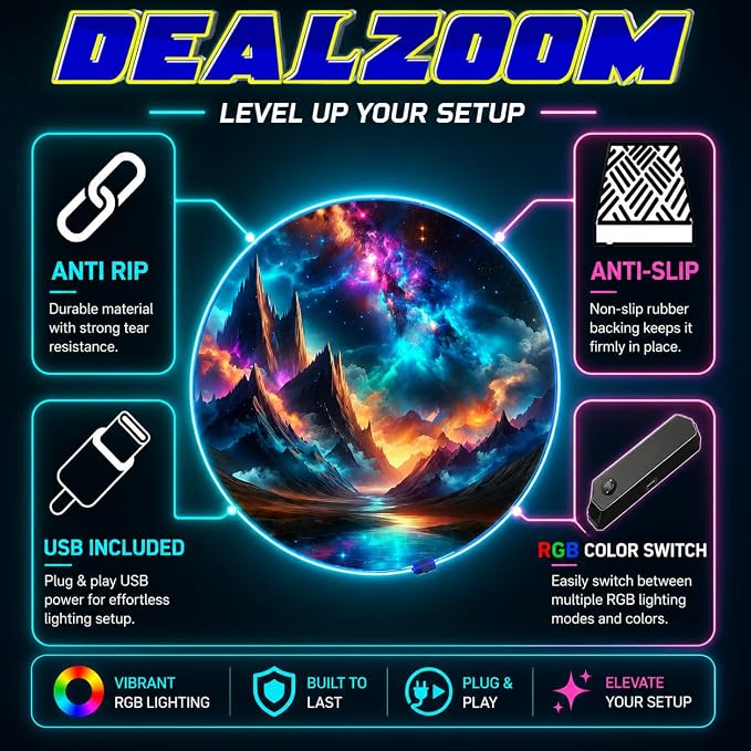 Gaming Chair Mat for Hardwood Floor Circle RGB Gaming Lights (Mountains 47”) - Noise Cancelling, Anti-Slip Gamer Floor Mat – Scratch Resistant Computer Gaming Mat for Chair – Office Chair Mat - Image 5