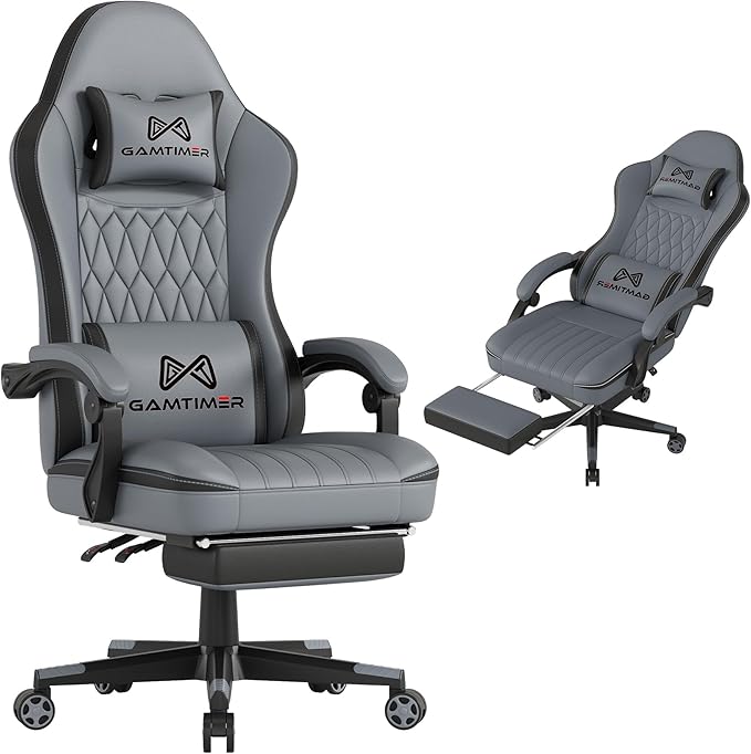Gamtimer Gaming Chair with Footrest, Ergonomic Computer Chair, PU Breathable Material with Headrest and Lumbar Support, Suitable for Silla Gamer and Adults（Grey） by GAMTIMERBrandHome