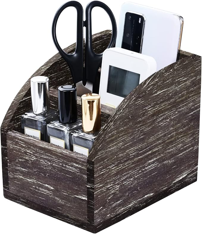 Rustic Brown Wooden Desk Organizer Farmhouse Wood Remote Control Caddy, Vintage 3 Slot Tabletop Desktop Office Supply Storage Rack Desktop TV Remote Control Holder Home Decor Office Supplies Storage - Image 6