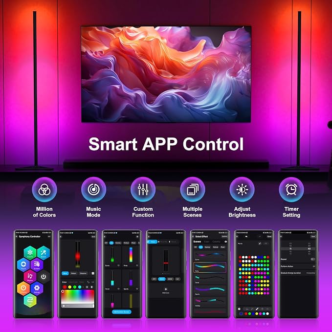 MIHEAL 2PCS Black Corner Floor Lamp, Synced Lights LED Control Floor Lamp RGB Light 56" Smart LED Corner Lamp App and Remote for Living Room Gaming Bedroom and Etc - Image 3