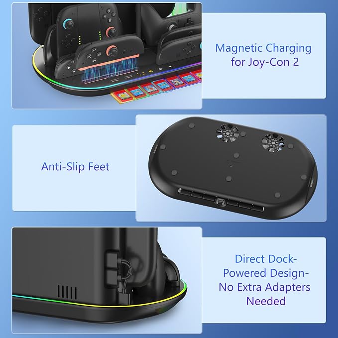 Charging Station for Switch 2 with Cooling Fan DOBEWINGDELOU Controller Charger for JoyCons and Pro Dock Stand with RGB Light 2 USB Ports 7 Game Card Slots LED Indicators - Image 8