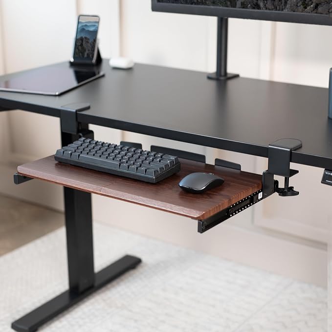 VIVO Small Keyboard Tray, Under Desk Pull Out with Extra Sturdy C Clamp Mount System, 20 (26 Including Clamps) x 11 inch Slide-Out Platform Drawer, Dark Walnut Top, Black Frame, MOUNT-KB05ES-D - Image 2
