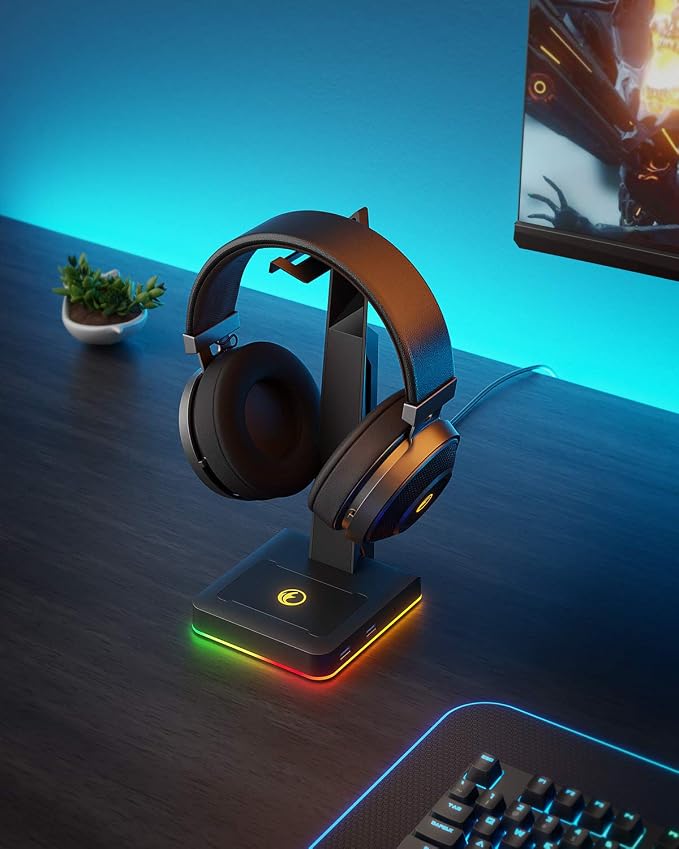 RGB Gaming Headset Stand with 2 USB Ports, Game Headphone Mount for PC, Xbox One, PS4, Switch, Earphone Holder Hanger, Great for Gaming Stations, Fancy Desk Gamer Accessories, Black - Image 7