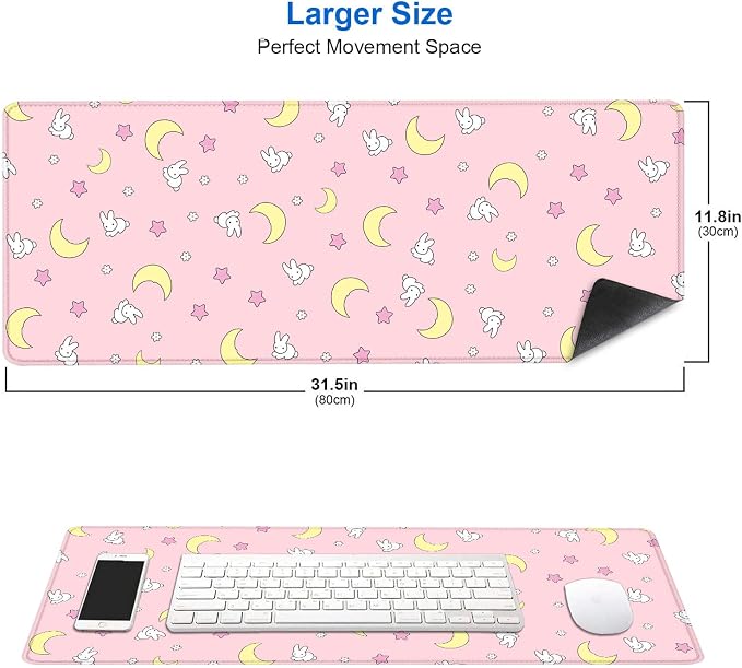 IMAYONDIA Pink Kawaii Desk Pad, Cute Moon Bunny Desk Mat Computer Pad Desktop,Laptop Protector Aesthetic Anime Mousepad Writing Pad for Office Home School,Large Gaming Mouse Pad Tarot Mat,31.5 X 11.8 - Image 2