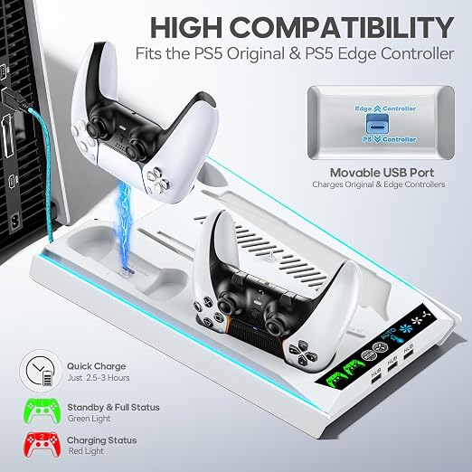 Rysker PS-5/Slim/Pro Cooling Station with Quiet Cooling Fan and Fast Controller Charger for Disc & Digital Console, PS-5 Accessories Incl. 3 USB Ports, Screw and Headset - Image 4
