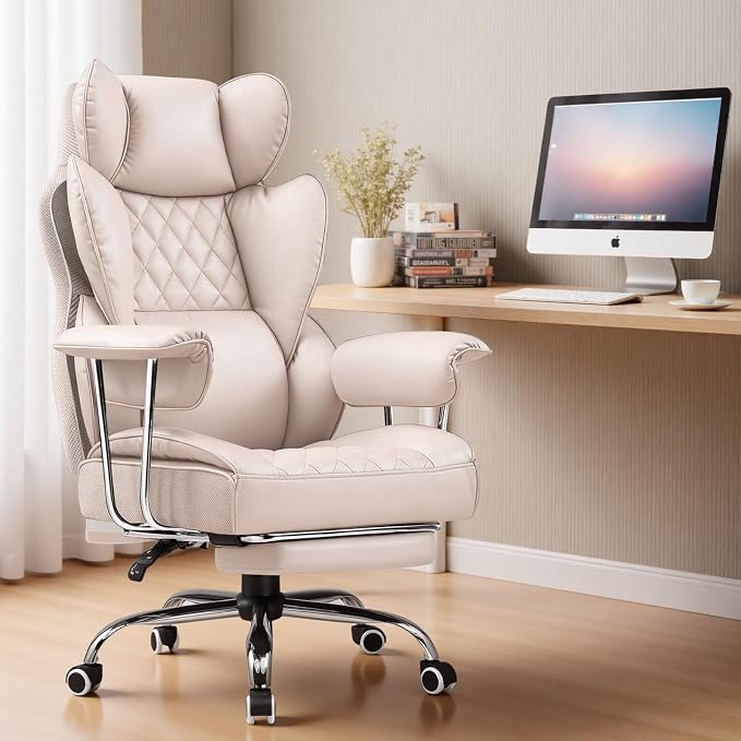 COMHOMA Big and Tall Office Chair, High Back Leather Gaming Chair with Footrest, Executive Ergonomic Office Chairs with Pocket Spring Lumbar Support and with Outward Fixed Soft Armrests - Image 2