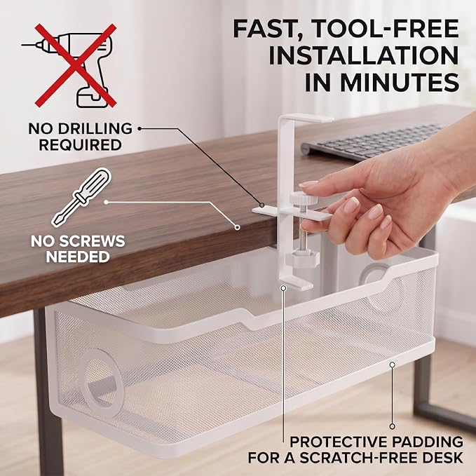 Under Desk Cable Management Tray, No Drill Cable Organizer for Desk, Metal Wire Management Basket with Clamp Mount, Cord Organizer Holder for Standing Desk, Home Office and Gaming Setup - Image 3