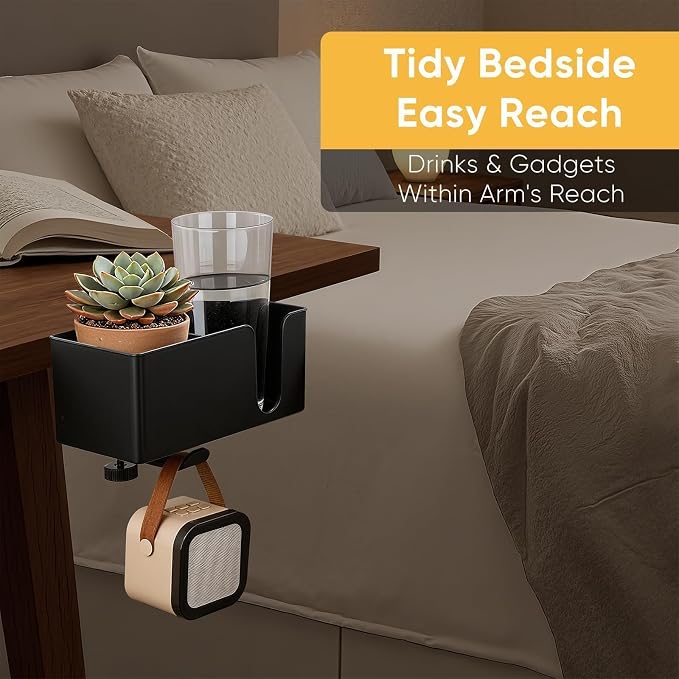 4-in-1 Clip On Desk Cup Holder, Fits up to 40oz cups - Mountable Holder with Adjustable Divider & 360° Rotating Hook - No Spill Clamp On Drink Holder Attachment - for Desk Chair Table Bed Tray - Black - Image 5