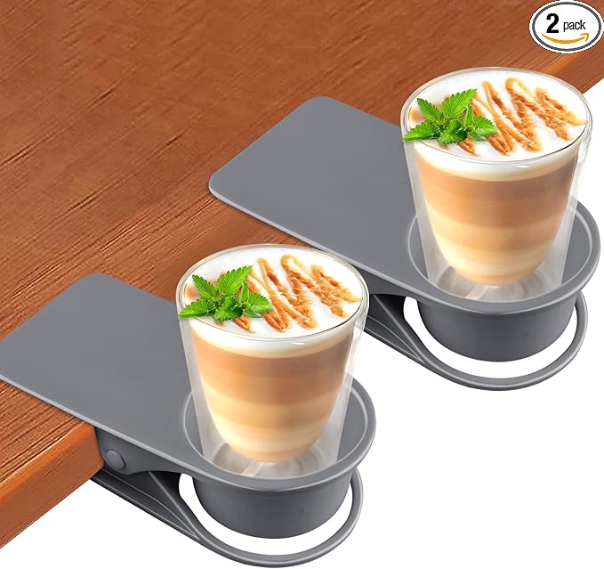 2PCS Drinking Cup Holder, Kalolary Desk Bottle Cup Stand DIY Glass Clamp Storage Saucer Clip Water Coffee Mug Holder Saucer Clip Design for Home & Office, Grey by Kalolary