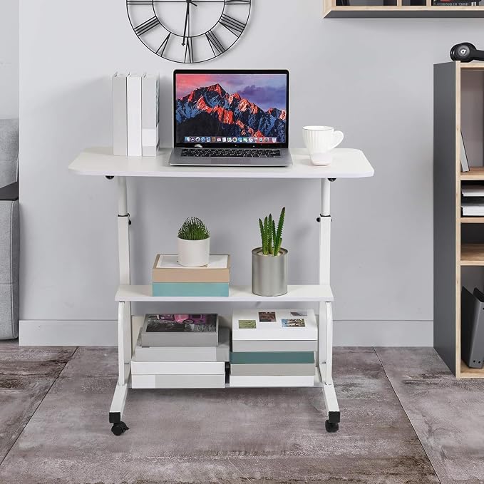 Adjustable Height Mobile Computer Desk with Wheels White 31.5X15.7 Inches - Image 2