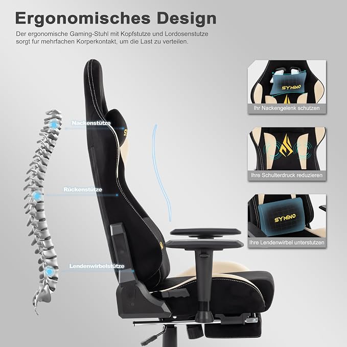 Symino Gaming Chair, High Back Ergonomic Office Chair with 2D Adjustable Armrests, 150° Recline, Breathable Faux Suede, Adjustable Headrest & Footrest for Home Office - Image 4
