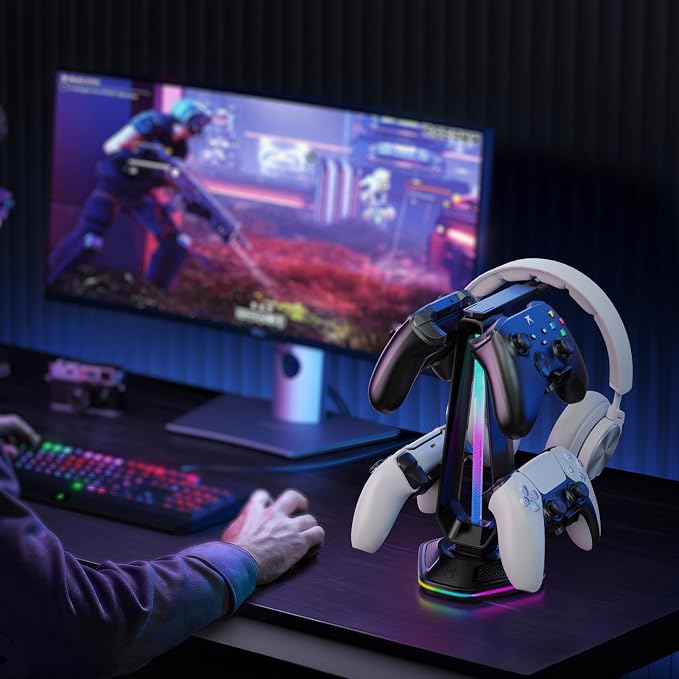Luckit Gaming Headphones Stand, RGB Headset Stand with 12 Light Modes, Controller Holder with 2 USB Charging Ports - Supports Data Transfer, Earphone Hanger Accessories for Desktop Gamer - Image 7