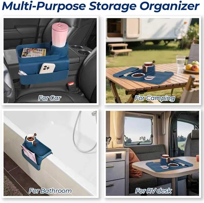 Silicone Couch Caddy Cup Holder Tray, 3-Side Sofa Armrest Organizer with Secure Gear-Shaped Locking Holder & Large Tablet Slot, Non-Slip Weighted Armchair Caddy, Couch Accessories (Blue) - Image 7