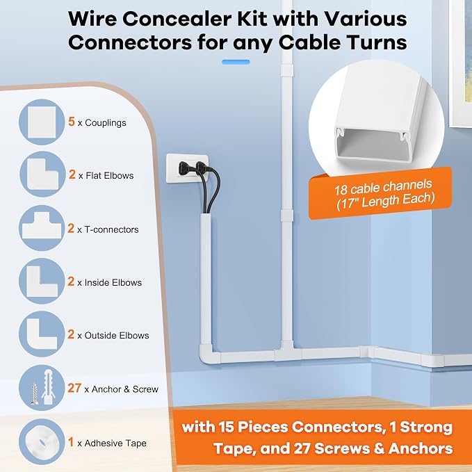 306in Cord Hider Kit, Cord Covers for Wires on Wall, Paintable Wire Cover for Cords, Cable Hider for Wall Mounted TV, White Cord Concealer, Cable Raceway Wire Management, 18x L17in x W0.95in x H0.55in - Image 3