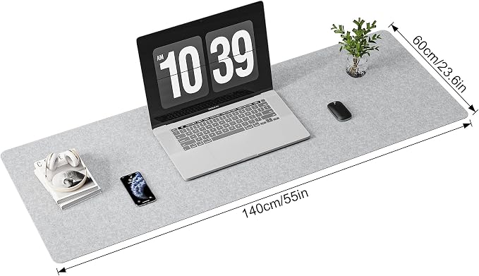 DAWNTREES Extra Large Felt Desk Mat,55''x23.6'' Non-Slip Desktop Protector | Full Desk Mouse pad, Computer Desk Mat for Keyboard and Mouse Pad,Desk Accessories for Home and Office (Light Gray) - Image 2