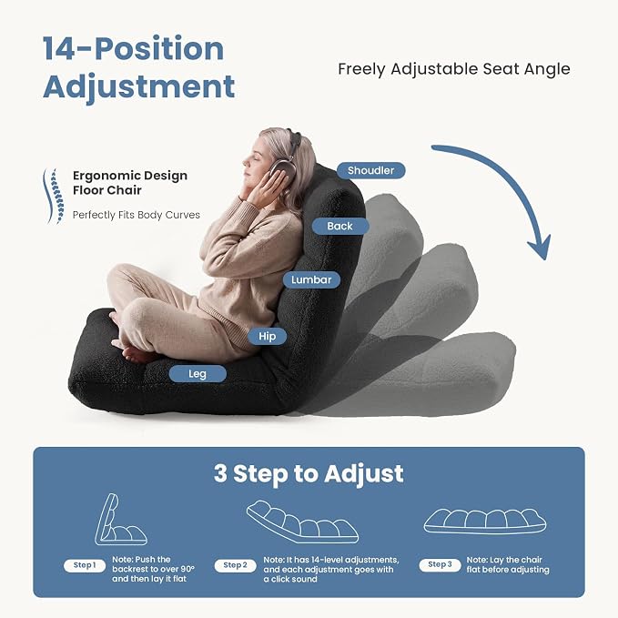 DUMOS Folding Floor Chair, 14-Position Adjustable Backrest Floor Seating | 5.9'' Thick Cushion Floor Seat with Teddy Velvet and Steel Frame for Adults, Kids, Reading, Meditation, Viedo Game, Black - Image 4