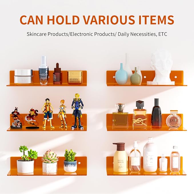 Sezanrpt 15 Inches Orange Acrylic Wall Shelves 2 Pack, L Shape Floating Shelf, Perspex Wall Mounted Shelves for Home Décor, Model Car, Candle, Calendar, Towel, Tissue - Image 4