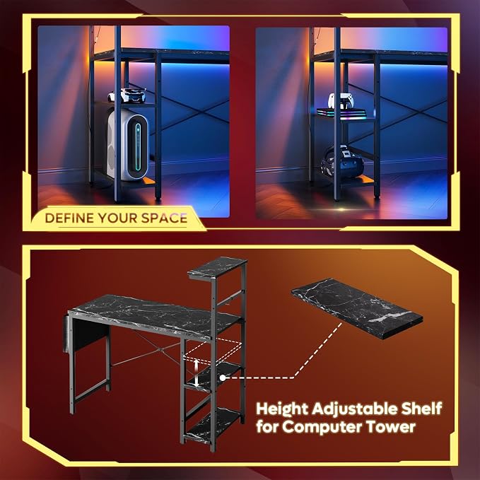 Bestier Gaming Desk with LED Lights, 51.3 Inch Computer Desk with 4 Tiers Reversible Shelves, Gamer Desk with Side Storage Bag, Hooks and Height Adjustable Shelf (Black Marble) - Image 7
