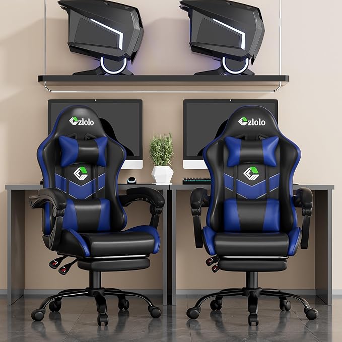 Czlolo Gaming Chair with Footrest Racing Style Lumbar Support Massager Video Game Chair with Metal Legs, High Back Gamer Chair with Headrest, 360° Swivel Office Computer Desk Chair, Navy Blue - Image 2