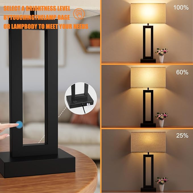 Seealle 26.3in Big Bedroom Table Lamps Set of 2 -Touch Control, 3 Way Dimmable, USB C+A Charging, LED Bulbs, Easy Assembly - Image 4