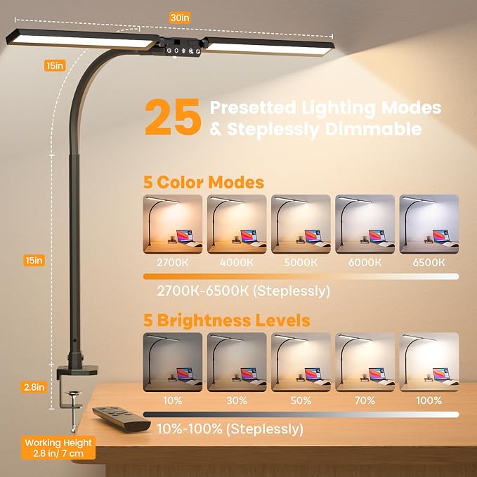 SIBRILLE Upgraded LED Desk Lamp for Home Office with RGB, Rotatable Computer Desk Light with Remote, Tall Table Lamp with Clamp for Working, Dimmable Dual Head Task Lighting for Monitor PC, 22W - Image 3