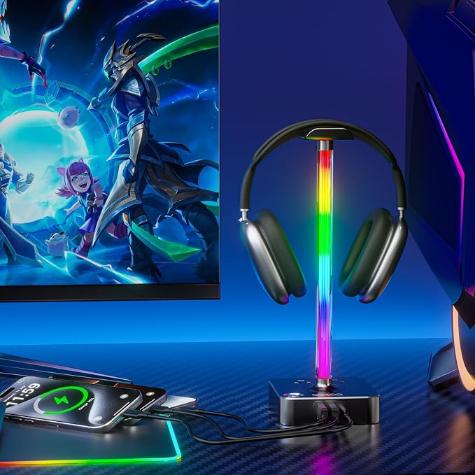 cozoo Headphone Stand with Charger, USB C, Gifts for Gamers Men, Gray Pro | Gaming Headset Stand Holder for Desk, 3 USB(1 USB C) and 2 AC Outlets Charging Ports, Headphone Hanger, Gamer Gifts for Men - Image 7